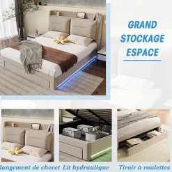 Gutent Lit rembourré hydraulique 140x190cm, tiroirs de rangement, avec sommier à lattes, sans matelas, velours, beige* Lit Avec Rangement