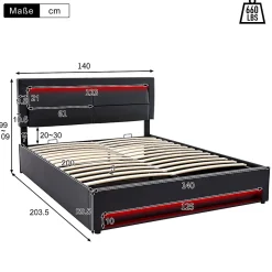 Gutent Lit rembourré hydraulique lit coffre lit 140x200 cm lit de rangement lit connexion usb lit eclairage led lit double pu noir* Lit Avec Rangement