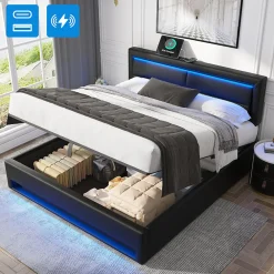 Gutent Lit rembourré hydraulique lit coffre lit 140x200 cm lit de rangement lit connexion usb lit eclairage led lit double pu noir* Lit Avec Rangement