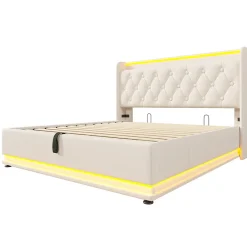 Gutent Lit rembourré hydraulique 160x200 cm, lit LED double avec fonction de recharge USB Type-C , lit avec rangement, PU, blanc* Lit Avec Rangement
