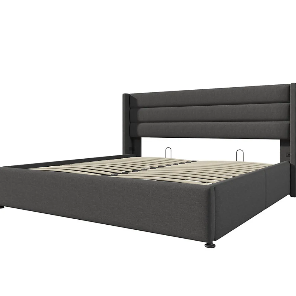 Lit rembourré hydraulique 160x200 cm lit de rangement lit sommier à lattes en bois lit en métal lit double lin gris>Gutent Best