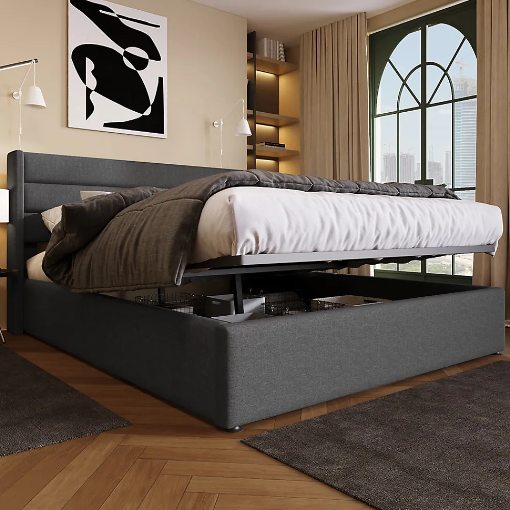 Lit rembourré hydraulique 160x200 cm lit de rangement lit sommier à lattes en bois lit en métal lit double lin gris>Gutent Best
