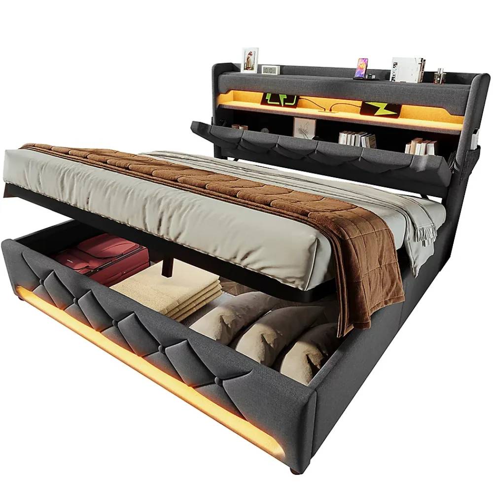 Gutent Lit rembourré hydraulique 180x200cm, lit double, espace de rangement tête de lit avec port usb et type c, lin, gris, sans matelas* Lit Avec Rangement