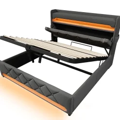 Gutent Lit rembourré hydraulique 180x200cm, lit double, espace de rangement tête de lit avec port usb et type c, lin, gris, sans matelas* Lit Avec Rangement