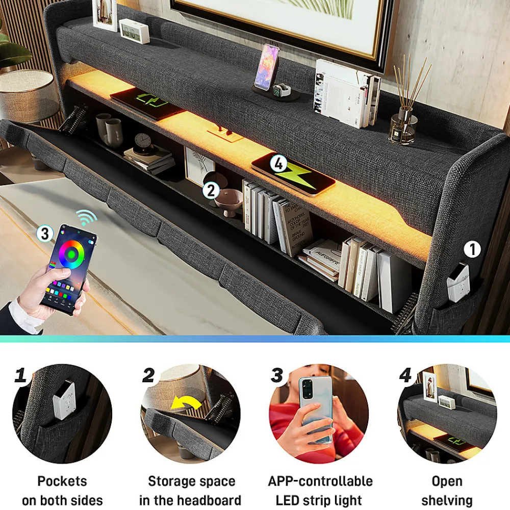 Gutent Lit rembourré hydraulique 180x200cm, lit double, espace de rangement tête de lit avec port usb et type c, lin, gris, sans matelas* Lit Avec Rangement
