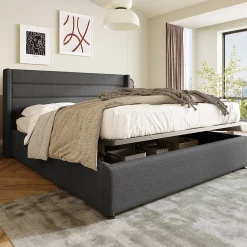 Lit rembourré hydraulique lit coffre lit 140x200 cm lit de rangement lit sommier à lattes en bois lit en métal lit double lin gris>Gutent Sale