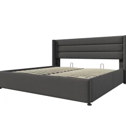Lit rembourré hydraulique lit coffre lit 140x200 cm lit de rangement lit sommier à lattes en bois lit en métal lit double lin gris><noscript><img width=