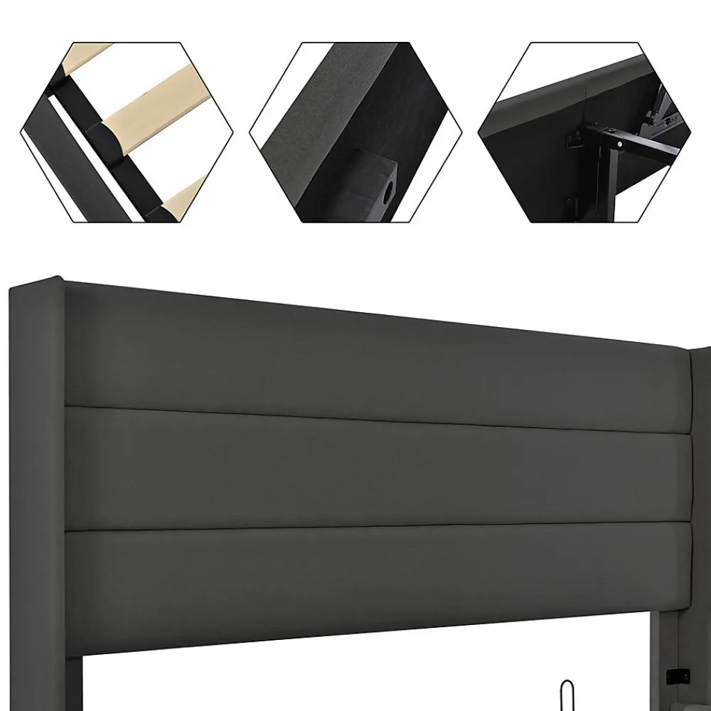 Lit rembourré hydraulique lit coffre lit 140x200 cm lit de rangement lit sommier à lattes en bois lit en métal lit double lin gris>Gutent Sale
