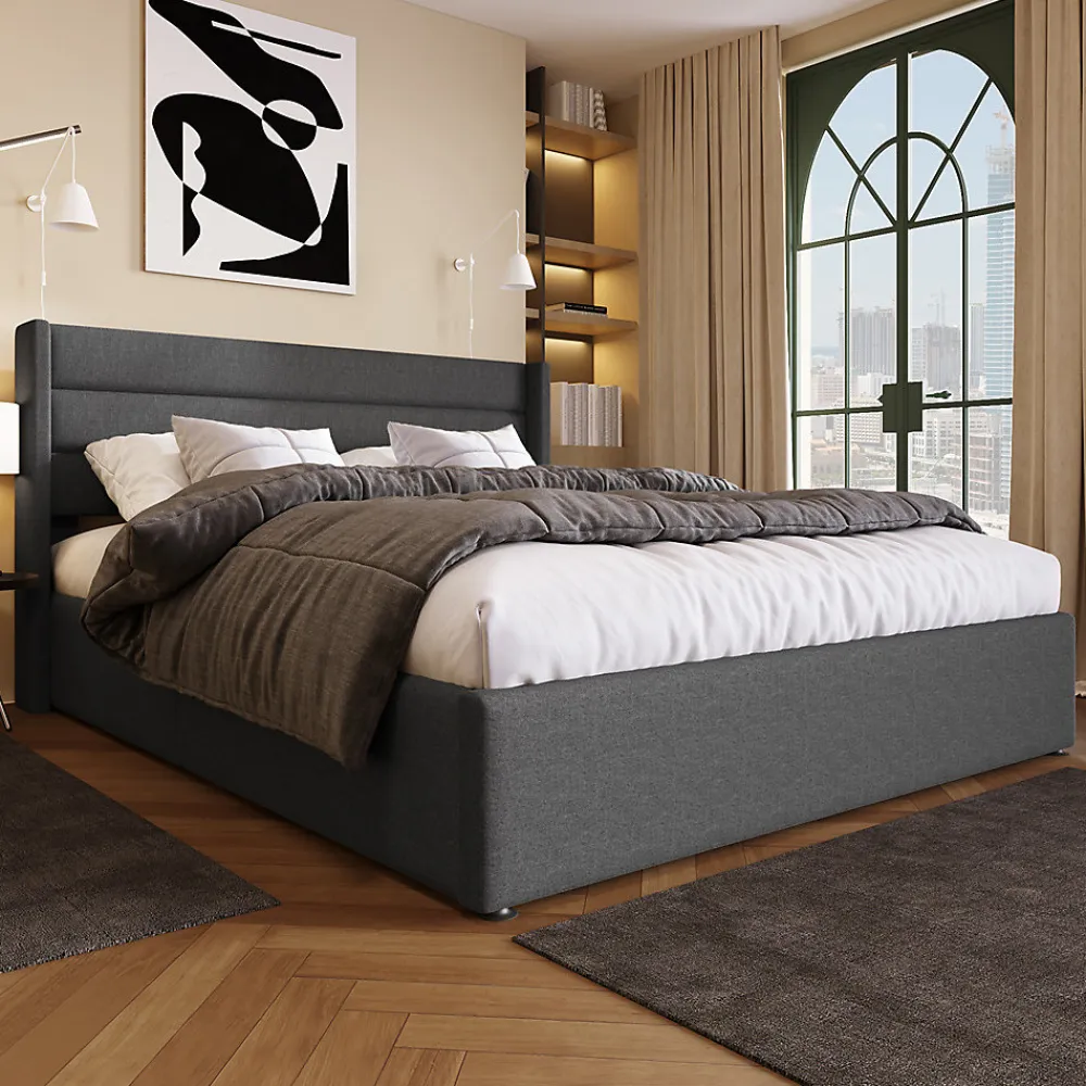 Lit rembourré hydraulique lit coffre lit 140x200 cm lit de rangement lit sommier à lattes en bois lit en métal lit double lin gris>Gutent Sale