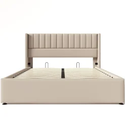 Gutent Lit rembourré hydraulique 140x200cm, lit avec rangement, lit double, avec sommier à lattes et structure métallique, lin, beige* Lit Avec Rangement