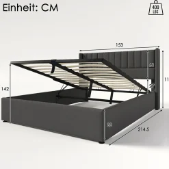 Lit rembourré hydraulique lit coffre 140x200 cm lit de rangement lit en métal lit cadre à lattes en bois lit double lin gris><noscript><img width=