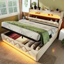Lit rembourré hydraulique 180x200cm, lit double, espace de rangement en tête de lit avec port usb et type c,lin,beige,sans matelas>Gutent Hot