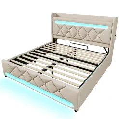 Lit rembourré hydraulique 180x200cm, lit double, espace de rangement en tête de lit avec port usb et type c,lin,beige,sans matelas><noscript><img width=