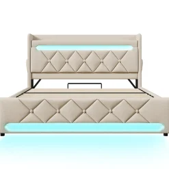 Lit rembourré hydraulique 180x200cm, lit double, espace de rangement en tête de lit avec port usb et type c,lin,beige,sans matelas><noscript><img width=