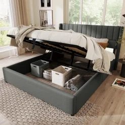 Lit rembourré hydraulique lit coffre lit 180x200 cm lit de rangement lit en métal lit cadre à lattes en bois lit double lin gris>Gutent Sale