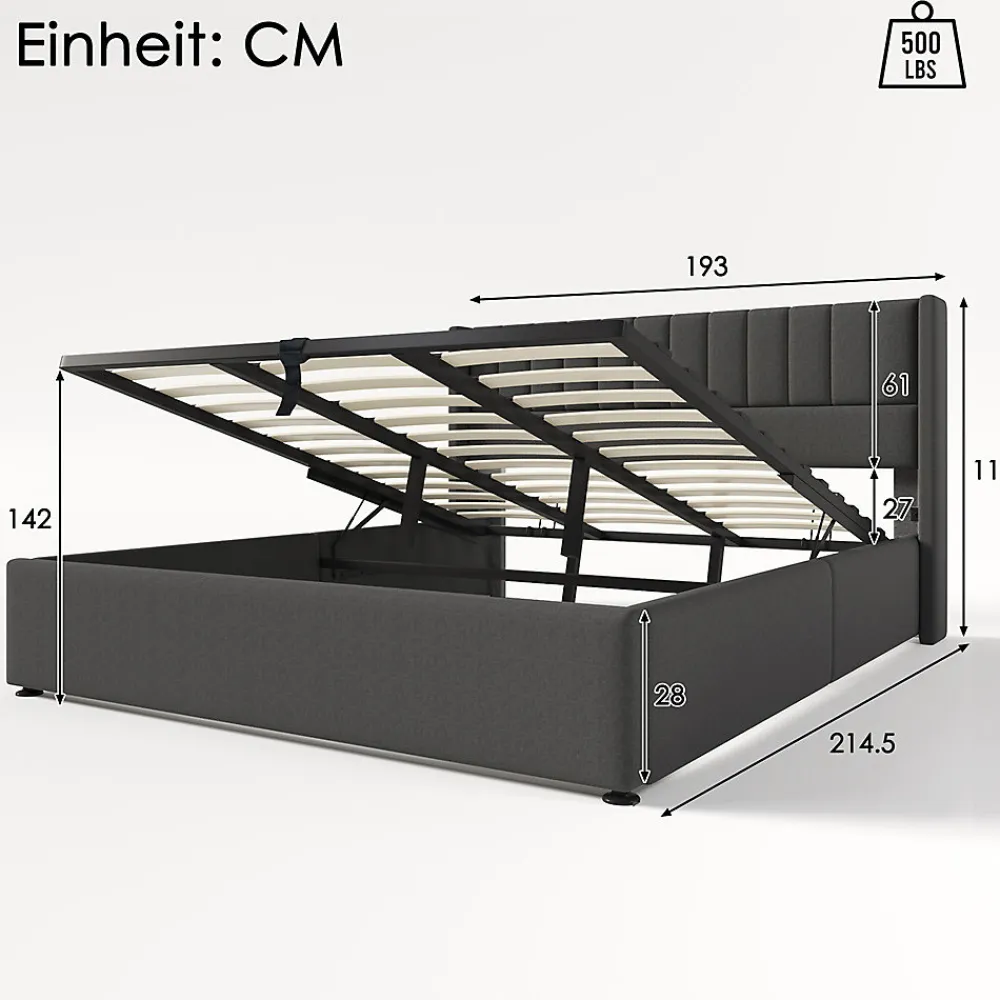 Lit rembourré hydraulique lit coffre lit 180x200 cm lit de rangement lit en métal lit cadre à lattes en bois lit double lin gris>Gutent Sale