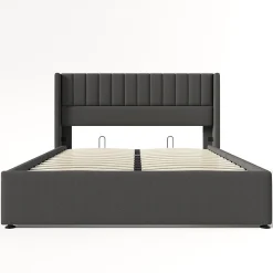 Lit rembourré hydraulique lit coffre lit 180x200 cm lit de rangement lit en métal lit cadre à lattes en bois lit double lin gris><noscript><img width=