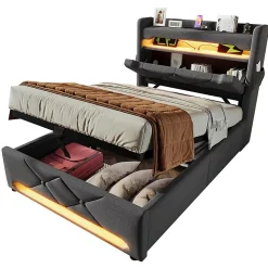 Gutent Lit rembourré hydraulique 90x200cm, Single, tête de lit de rangement avec port usb et type c, lin, gris, sans matelas* Lit Avec Rangement