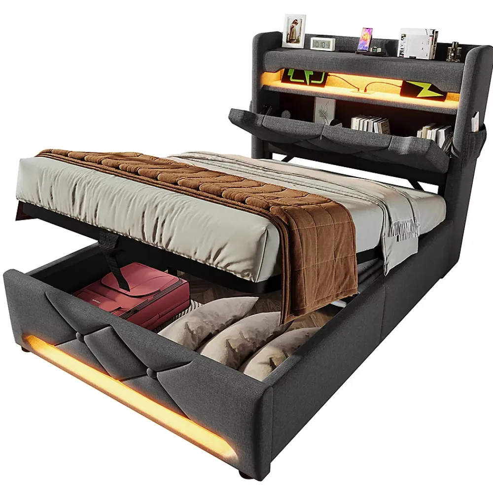 Gutent Lit rembourré hydraulique 90x200cm, Single, tête de lit de rangement avec port usb et type c, lin, gris, sans matelas* Lit Avec Rangement