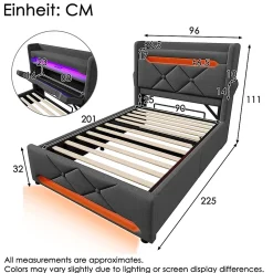 Gutent Lit rembourré hydraulique 90x200cm, Single, tête de lit de rangement avec port usb et type c, lin, gris, sans matelas* Lit Avec Rangement