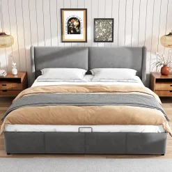 Gutent Lit rembourré hydraulique 160x200cm, lit double avec tête de coussin, forme d'oreille, lit fonctionnel, velours, gris* Lit Avec Rangement