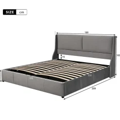 Gutent Lit rembourré hydraulique 160x200cm, lit double avec tête de coussin, forme d'oreille, lit fonctionnel, velours, gris* Lit Avec Rangement