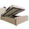 Gutent Lit rembourré hydraulique 140x200cm, tête de lit avec fonction de recharge USB Type-C, lit avec rangement, lin, beige,sans matelas* Lit Avec Rangement