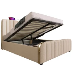Gutent Lit rembourré hydraulique 140x200cm, tête de lit avec fonction de recharge USB Type-C, lit avec rangement, lin, beige,sans matelas* Lit Avec Rangement