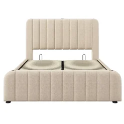 Gutent Lit rembourré hydraulique 140x200cm, tête de lit avec fonction de recharge USB Type-C, lit avec rangement, lin, beige,sans matelas* Lit Avec Rangement