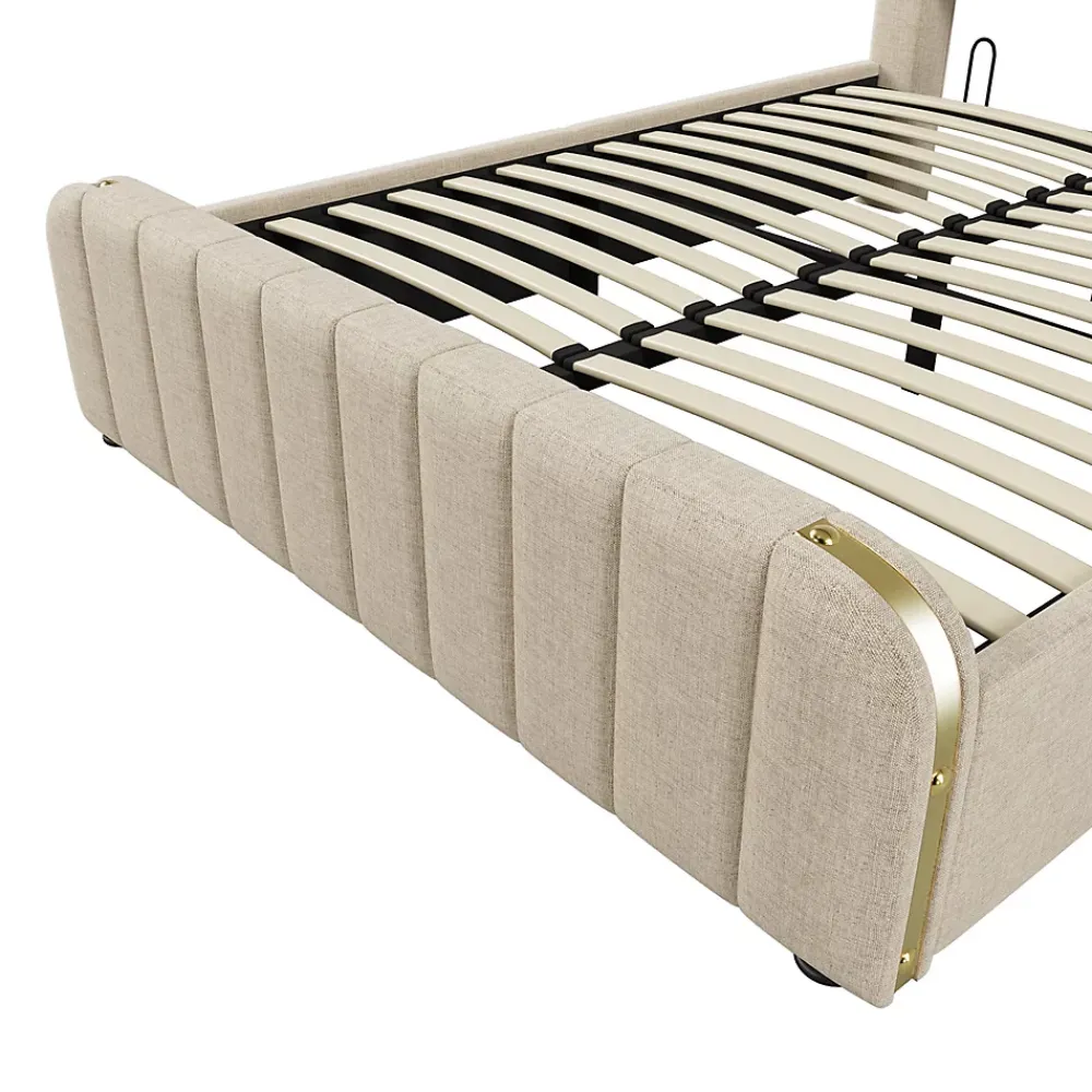 Gutent Lit rembourré hydraulique 140x200cm, tête de lit avec fonction de recharge USB Type-C, lit avec rangement, lin, beige,sans matelas* Lit Avec Rangement
