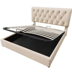 Lit rembourré hydraulique lit coffre 160x200 cm lit de rangement lit en métal lit double lin gris clair><noscript><img width=