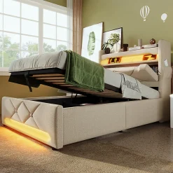 Lit rembourré hydraulique 90x200cm, Single, tête de lit de rangement avec port usb et type c, lin, beige, sans matelas>Gutent