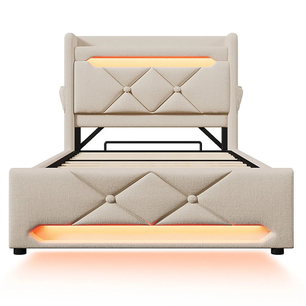 Lit rembourré hydraulique 90x200cm, Single, tête de lit de rangement avec port usb et type c, lin, beige, sans matelas>Gutent