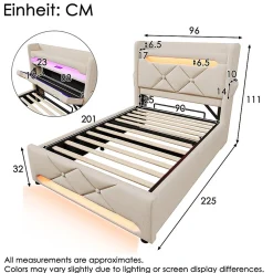 Lit rembourré hydraulique 90x200cm, Single, tête de lit de rangement avec port usb et type c, lin, beige, sans matelas><noscript><img width=