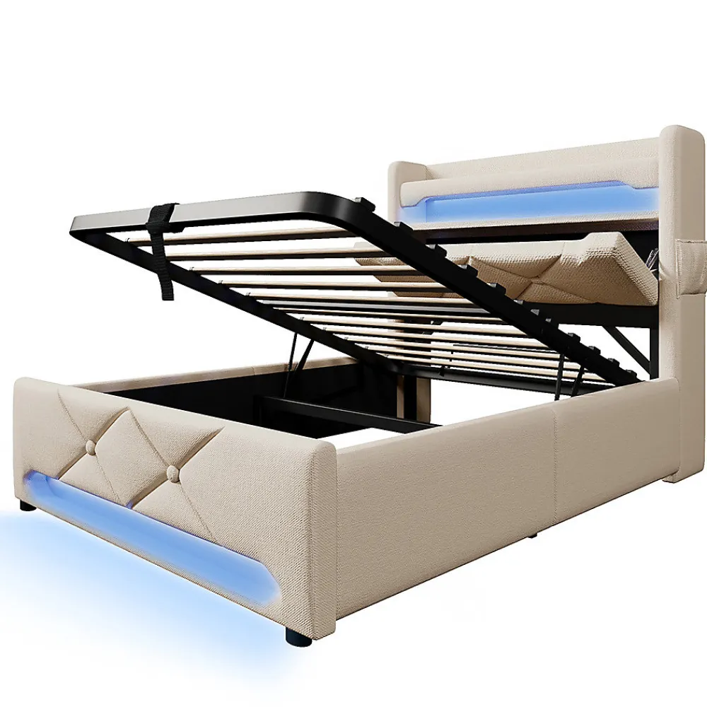 Lit rembourré hydraulique 90x200cm, Single, tête de lit de rangement avec port usb et type c, lin, beige, sans matelas>Gutent