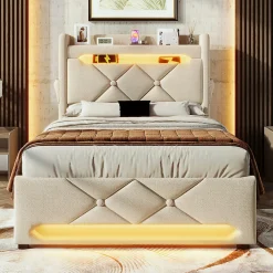 Lit rembourré hydraulique 90x200cm, Single, tête de lit de rangement avec port usb et type c, lin, beige, sans matelas><noscript><img width=