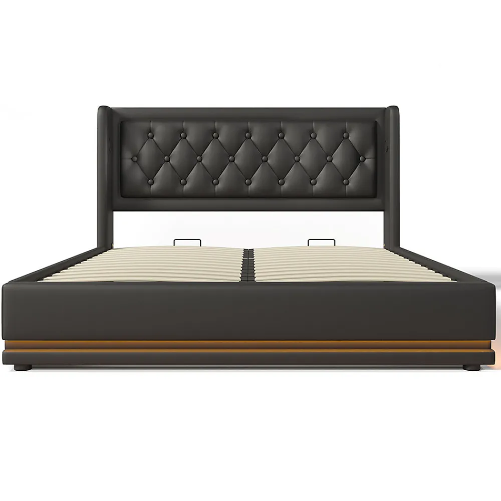Lit rembourré hydraulique 180x200cm lit de rangement lit double avec fonction de charge usb type-c tête de lit pu noir>Gutent
