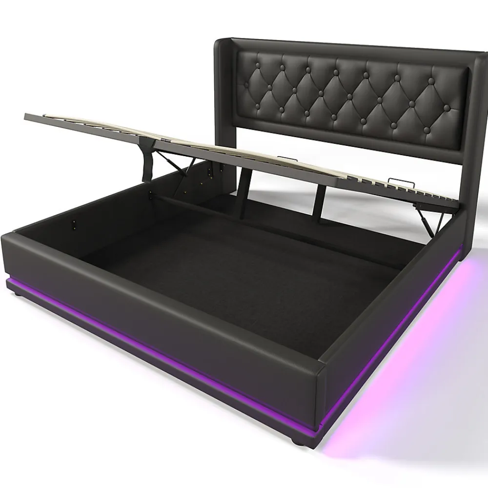 Lit rembourré hydraulique 180x200cm lit de rangement lit double avec fonction de charge usb type-c tête de lit pu noir>Gutent