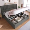 Lit rembourré hydraulique lit coffre lit 160x200 cm lit de rangement lit en métal lit cadre à lattes en bois lit double lin gris>Gutent Sale