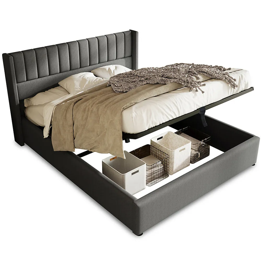 Lit rembourré hydraulique lit coffre lit 160x200 cm lit de rangement lit en métal lit cadre à lattes en bois lit double lin gris>Gutent Sale