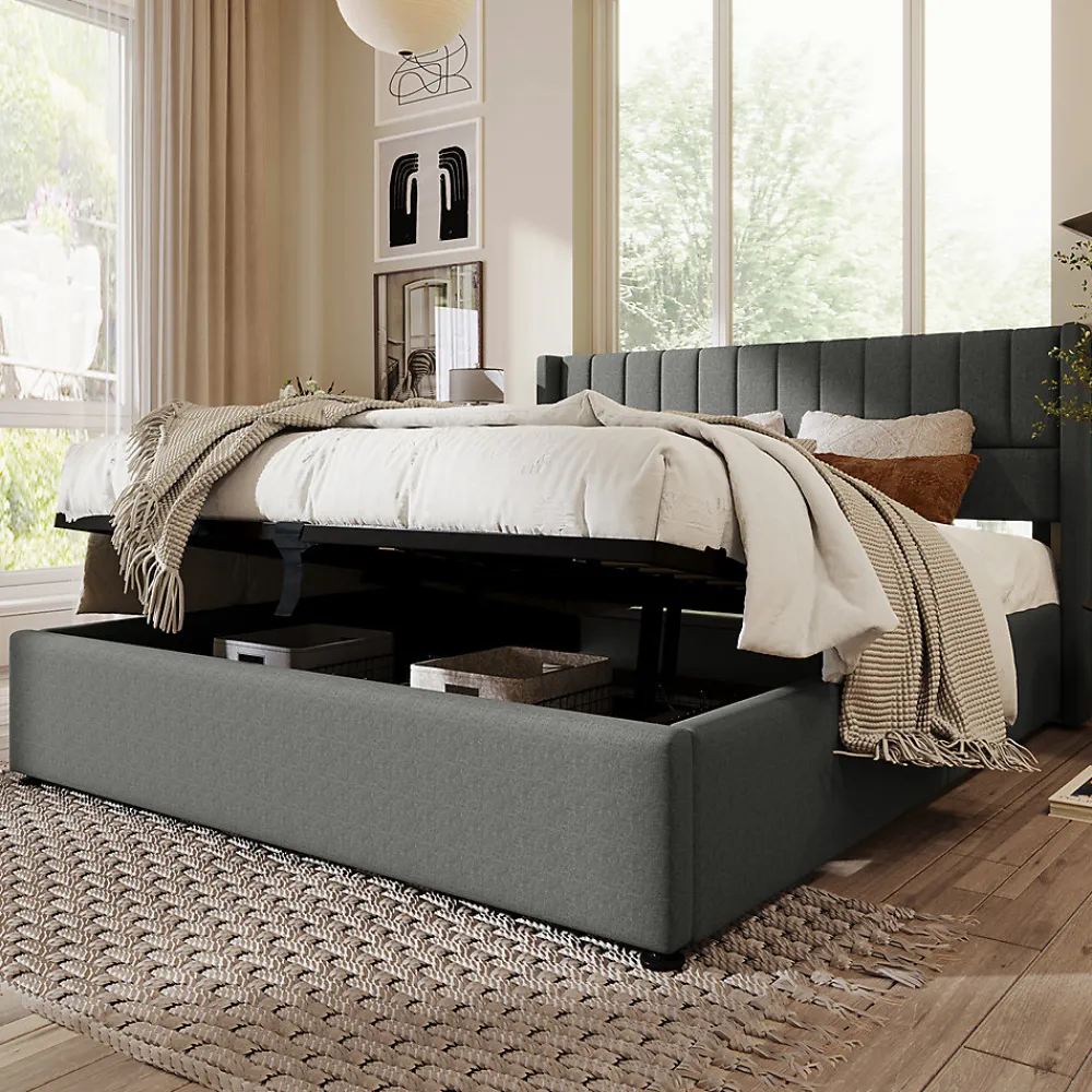 Lit rembourré hydraulique lit coffre lit 160x200 cm lit de rangement lit en métal lit cadre à lattes en bois lit double lin gris>Gutent Sale