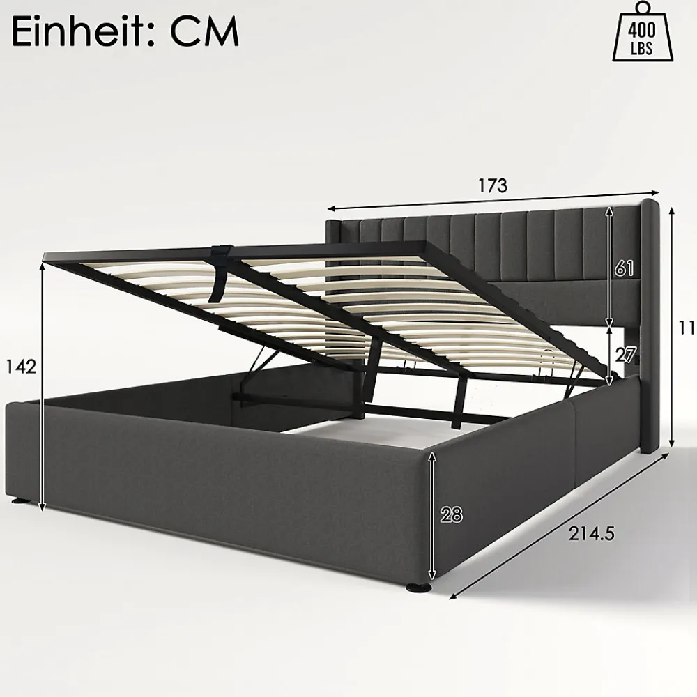 Lit rembourré hydraulique lit coffre lit 160x200 cm lit de rangement lit en métal lit cadre à lattes en bois lit double lin gris>Gutent Sale
