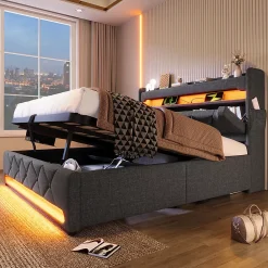 Gutent Lit rembourré hydraulique 140x200cm, lit double, espace de rangement tête de lit avec port usb et type c, lin, gris, sans matelas* Lit Avec Rangement