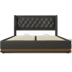 Gutent Lit rembourré hydraulique 160x200cm lit de rangement lit double avec fonction de charge usb type-c tête de lit pu noir* Lit Avec Rangement|Lit Double
