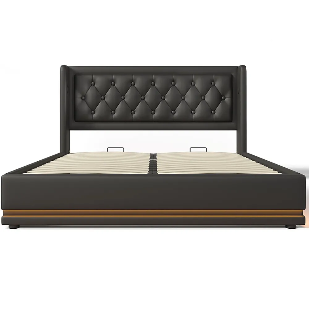 Gutent Lit rembourré hydraulique 160x200cm lit de rangement lit double avec fonction de charge usb type-c tête de lit pu noir* Lit Avec Rangement|Lit Double