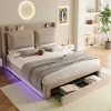 Lit rembourré hydraulique 160x200cm, tiroirs de rangement, avec sommier à lattes, sans matelas, velours, beige>Gutent Outlet