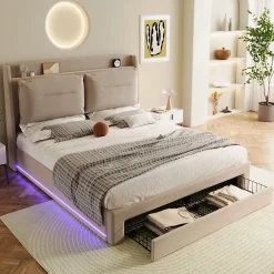 Lit rembourré hydraulique 160x200cm, tiroirs de rangement, avec sommier à lattes, sans matelas, velours, beige>Gutent Outlet