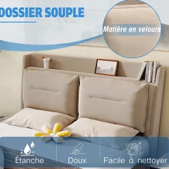Lit rembourré hydraulique 160x200cm, tiroirs de rangement, avec sommier à lattes, sans matelas, velours, beige><noscript><img width=