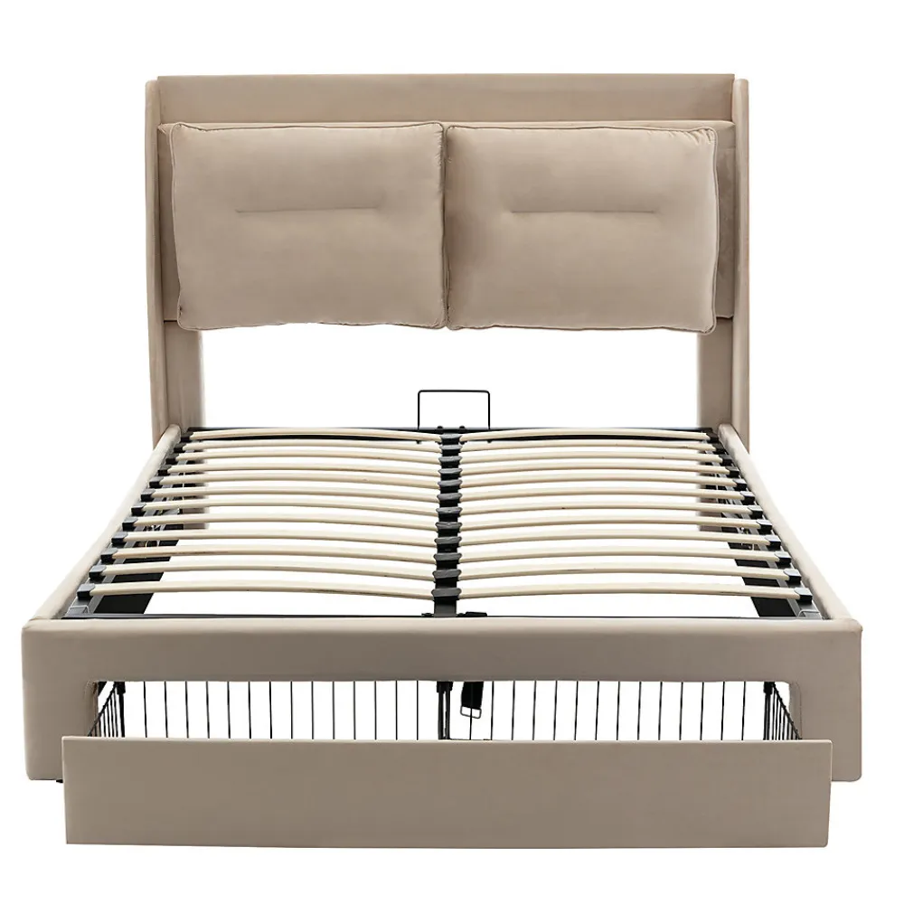 Lit rembourré hydraulique 160x200cm, tiroirs de rangement, avec sommier à lattes, sans matelas, velours, beige>Gutent Outlet