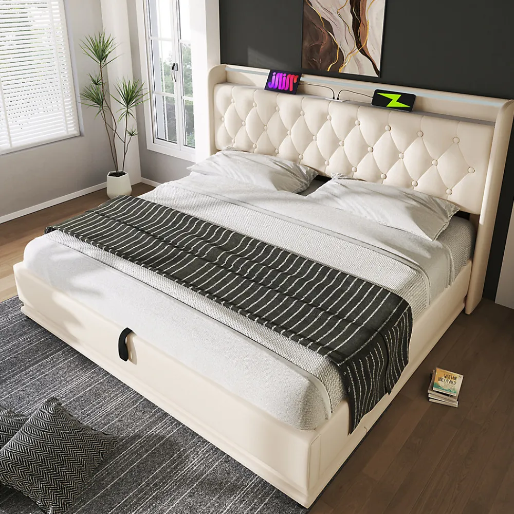 Lit rembourré hydraulique 140x200cm, lit de rangement, tête de lit avec fonction de chargement usb typ-c, pu, blanc, sans matelas>Gutent Clearance